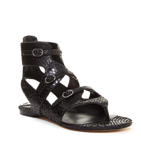 Max Studio Shoes - Max Studio Leon Max Villa Black Shiny Snake Skin Leather Gladiator Sandal Size 7